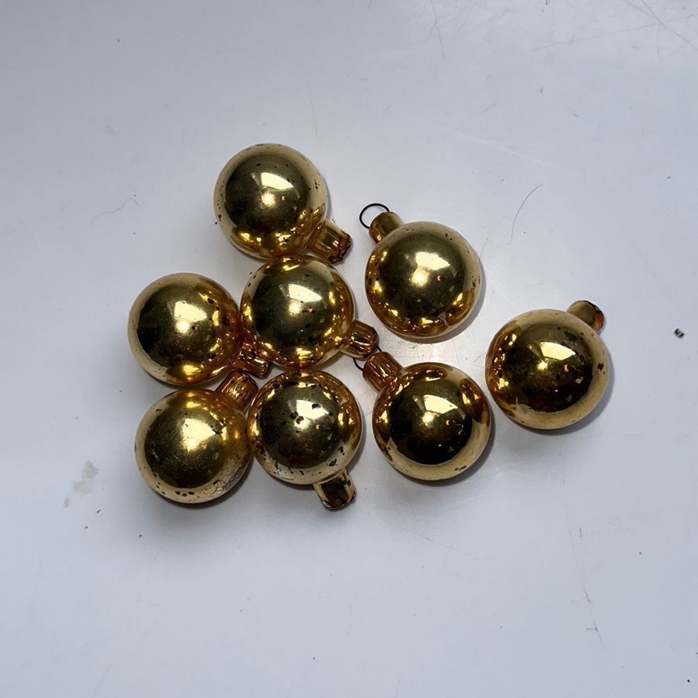 Vintage‎ 8 small ball  gold glass Christmas tree ornaments